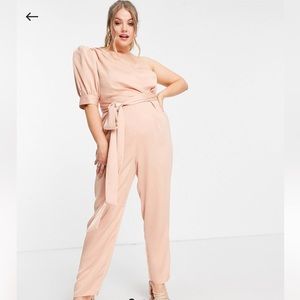 ASOS Design Curve One Shoulder Puff Sleeve Blush Jumpsuit